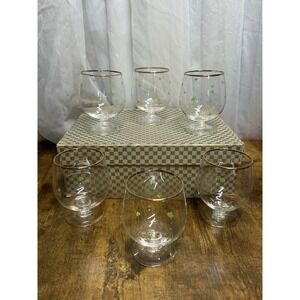 Set of 6 Clover Etched Brandy Snifter Glasses Gold Rimmed
